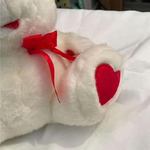 Caltoy White Plush Bear Red Ribbon & Hearts on Feet 11" (Pre-owned) - Picture 3 of 5